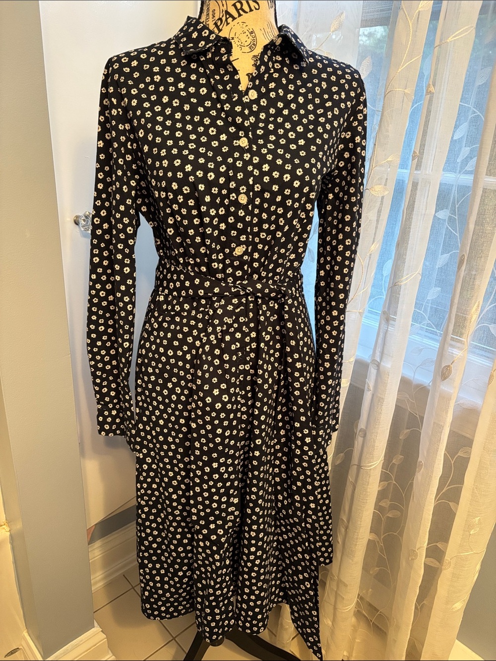 J. Crew Navy Blue Floral Midi Shirt Dress EUC 12